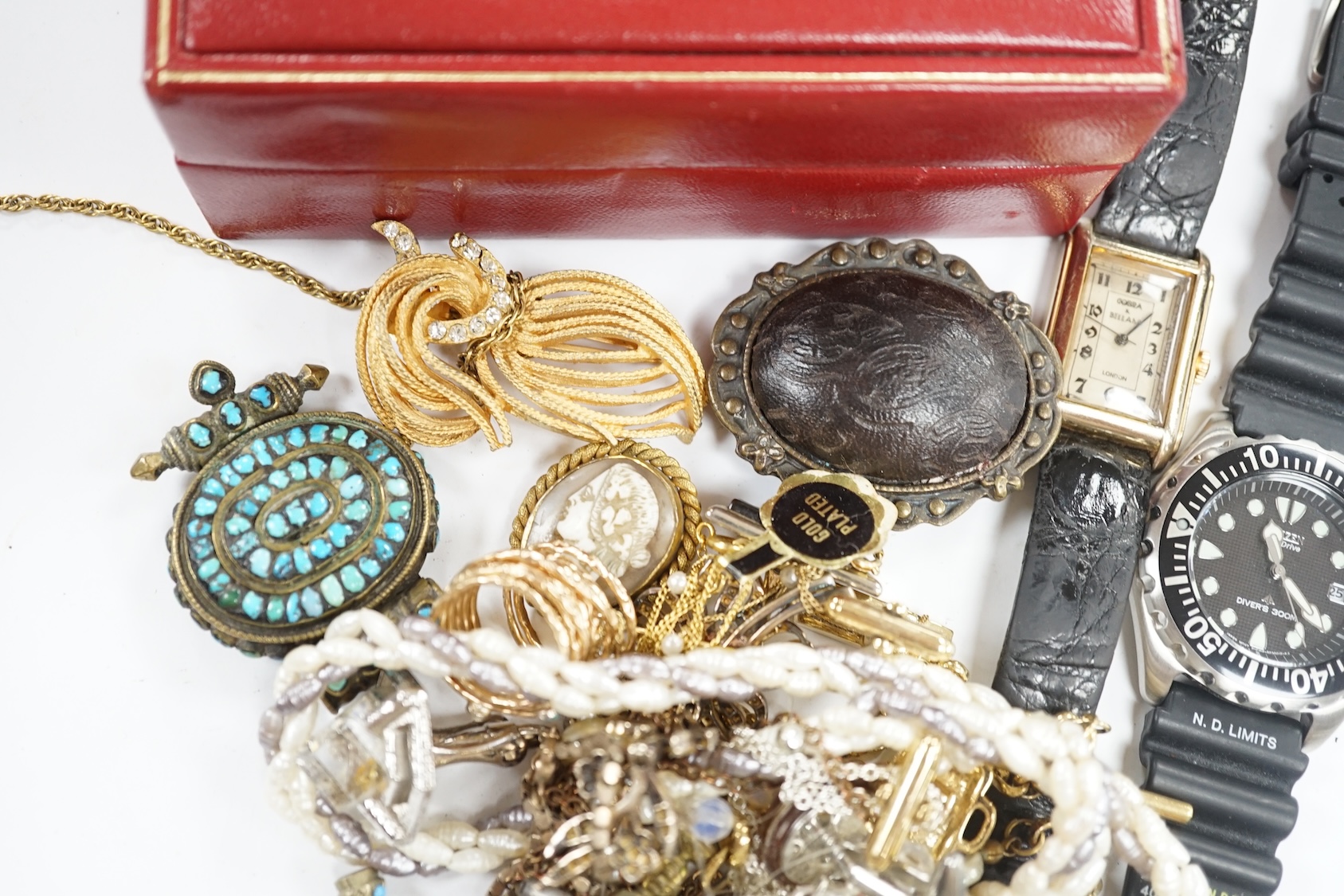 A small group of assorted costume jewellery including cufflinks, rings, brooches etc. together with two wrist watches and a Rolex box. Condition - poor to fair